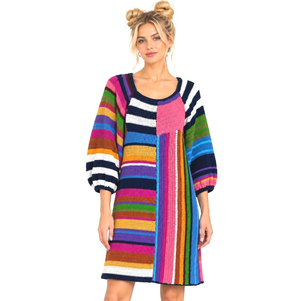 Farm Rio Multicolor Crochet Patchwork Striped Mini Dress Puff Sleeve Size S